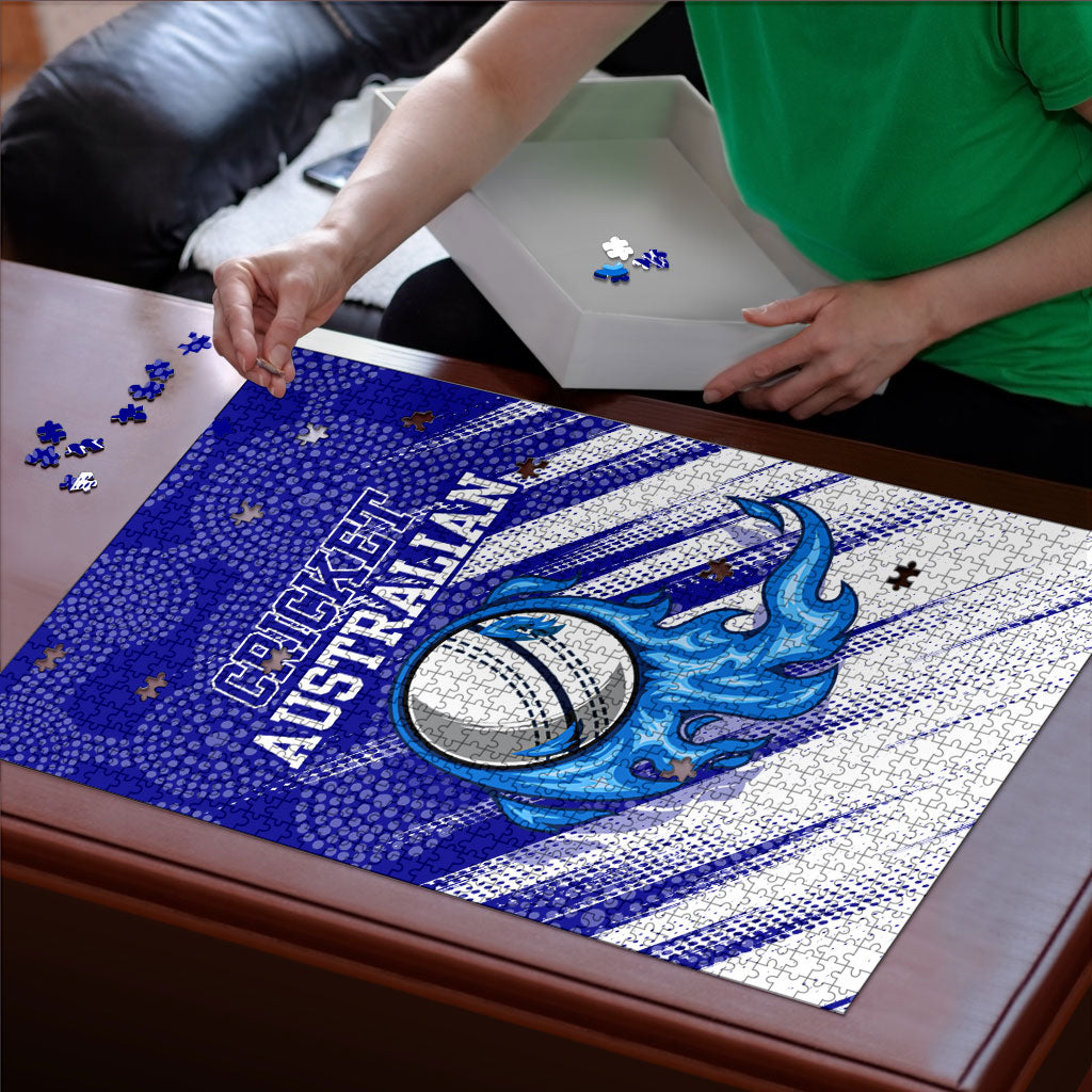 Cricket Australian Puzzle Blue Fire Ball Graphic With Aboriginal Dot Art Style