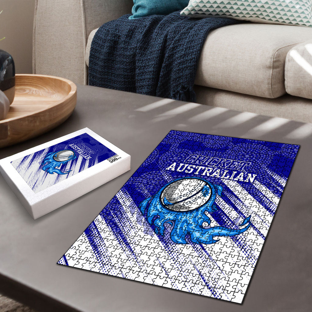 Cricket Australian Puzzle Blue Fire Ball Graphic With Aboriginal Dot Art Style