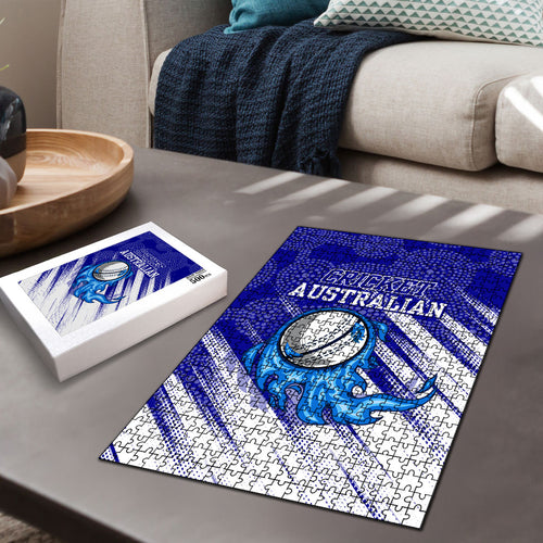 Cricket Australian Puzzle Blue Fire Ball Graphic With Aboriginal Dot Art Style