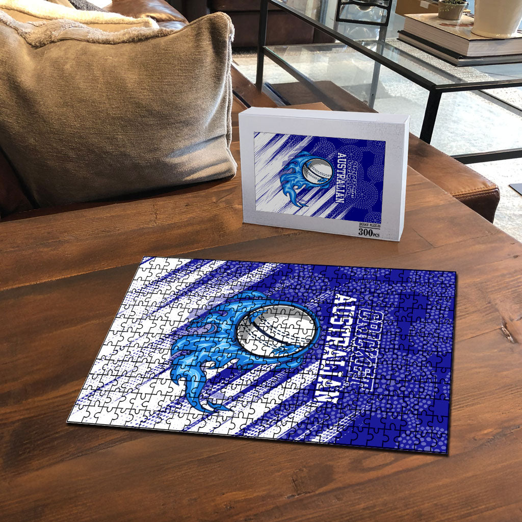 Cricket Australian Puzzle Blue Fire Ball Graphic With Aboriginal Dot Art Style