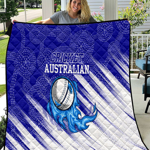 Cricket Australian Quilt Blue Fire Ball Graphic With Aboriginal Dot Art Style