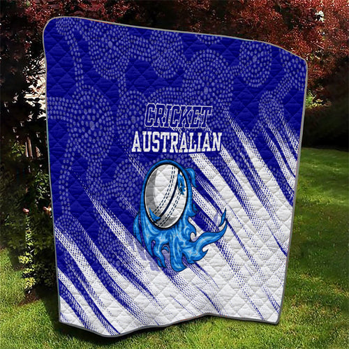 Cricket Australian Quilt Blue Fire Ball Graphic With Aboriginal Dot Art Style
