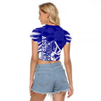 Cricket Australian Raglan Cropped T Shirt Blue Fire Ball Graphic With Aboriginal Dot Art Style