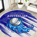 Cricket Australian Round Carpet Blue Fire Ball Graphic With Aboriginal Dot Art Style