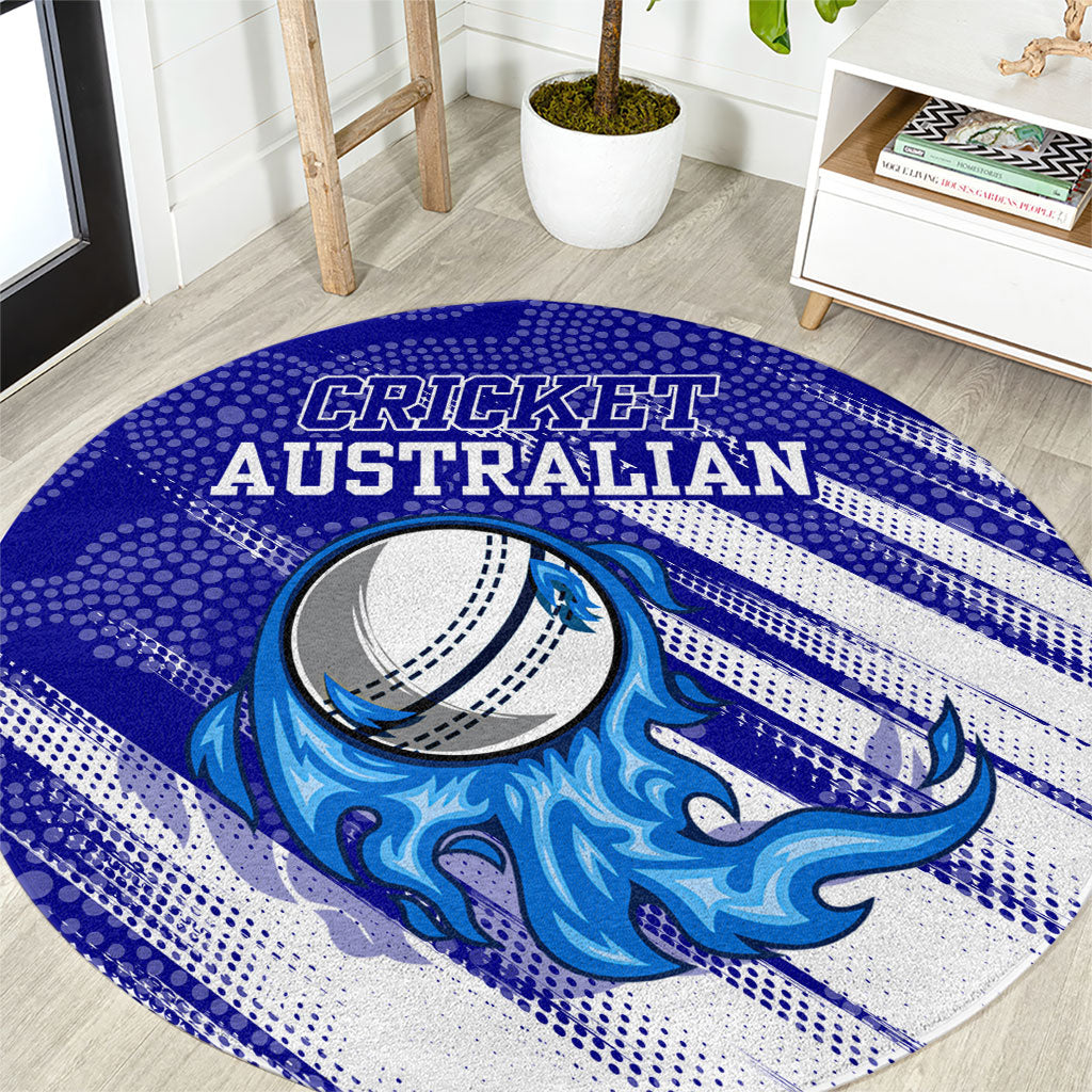 Cricket Australian Round Carpet Blue Fire Ball Graphic With Aboriginal Dot Art Style