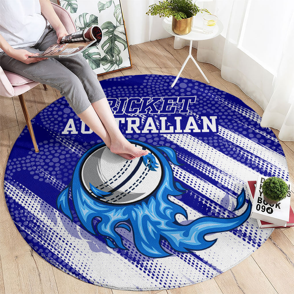 Cricket Australian Round Carpet Blue Fire Ball Graphic With Aboriginal Dot Art Style