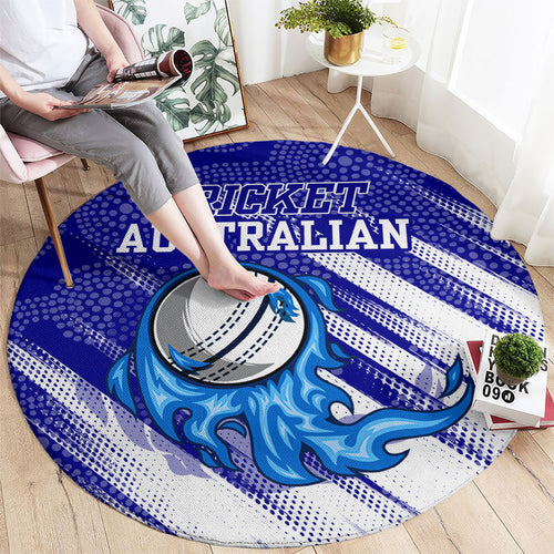 Cricket Australian Round Carpet Blue Fire Ball Graphic With Aboriginal Dot Art Style
