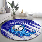Cricket Australian Round Carpet Blue Fire Ball Graphic With Aboriginal Dot Art Style