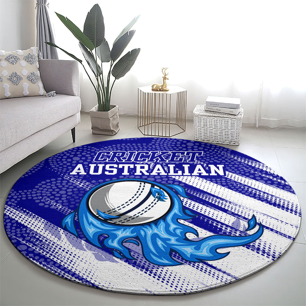 Cricket Australian Round Carpet Blue Fire Ball Graphic With Aboriginal Dot Art Style
