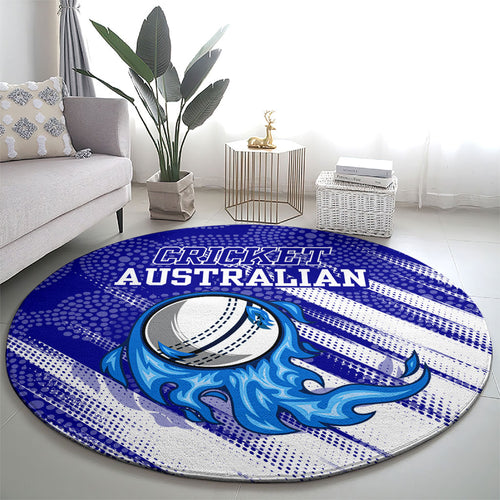 Cricket Australian Round Carpet Blue Fire Ball Graphic With Aboriginal Dot Art Style