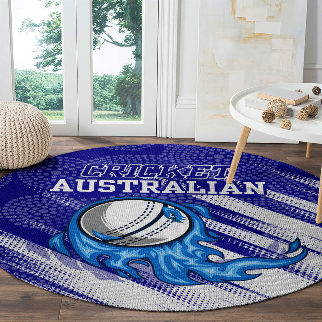 Cricket Australian Round Carpet Blue Fire Ball Graphic With Aboriginal Dot Art Style