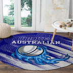 Cricket Australian Round Carpet Blue Fire Ball Graphic With Aboriginal Dot Art Style