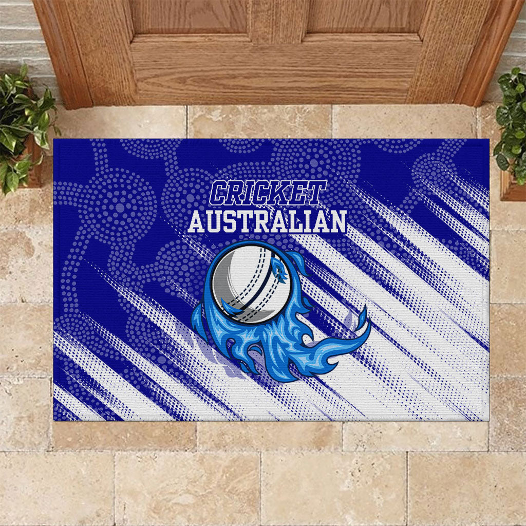 Cricket Australian Rubber Doormat Blue Fire Ball Graphic With Aboriginal Dot Art Style
