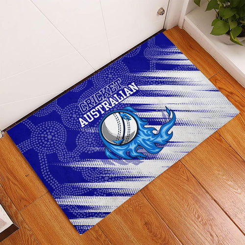 Cricket Australian Rubber Doormat Blue Fire Ball Graphic With Aboriginal Dot Art Style
