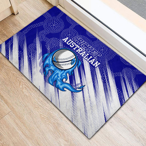Cricket Australian Rubber Doormat Blue Fire Ball Graphic With Aboriginal Dot Art Style