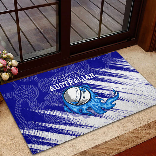Cricket Australian Rubber Doormat Blue Fire Ball Graphic With Aboriginal Dot Art Style