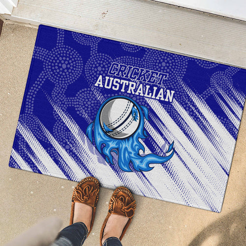Cricket Australian Rubber Doormat Blue Fire Ball Graphic With Aboriginal Dot Art Style