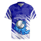 Cricket Australian Rugby Jersey Blue Fire Ball Graphic With Aboriginal Dot Art Style