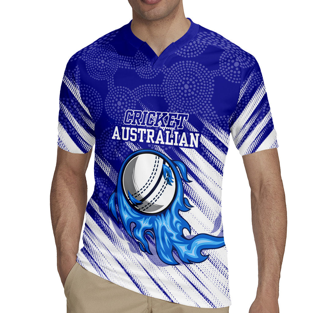 Cricket Australian Rugby Jersey Blue Fire Ball Graphic With Aboriginal Dot Art Style