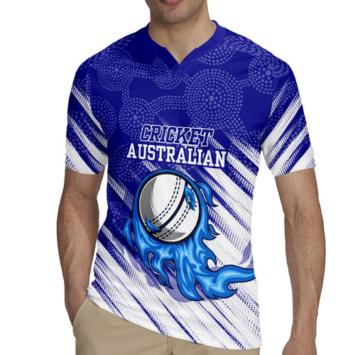 Cricket Australian Rugby Jersey Blue Fire Ball Graphic With Aboriginal Dot Art Style