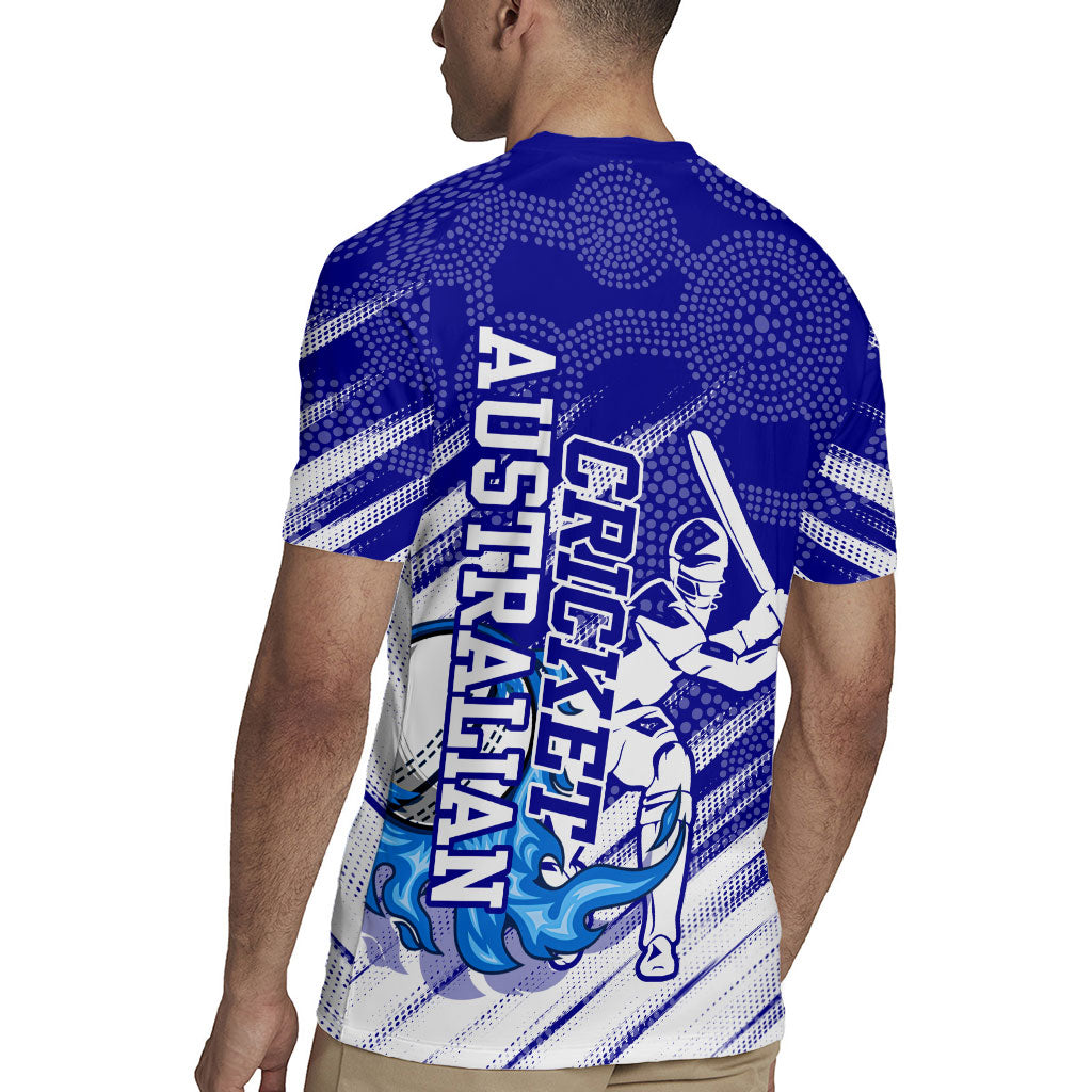 Cricket Australian Rugby Jersey Blue Fire Ball Graphic With Aboriginal Dot Art Style