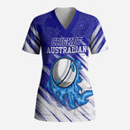 Cricket Australian Scrub Top Blue Fire Ball Graphic With Aboriginal Dot Art Style