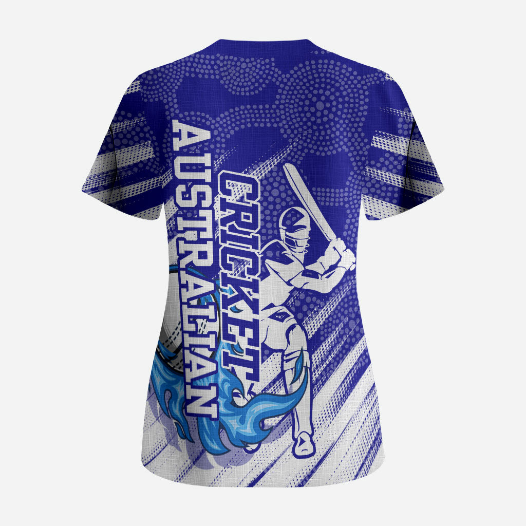 Cricket Australian Scrub Top Blue Fire Ball Graphic With Aboriginal Dot Art Style