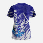 Cricket Australian Scrub Top Blue Fire Ball Graphic With Aboriginal Dot Art Style