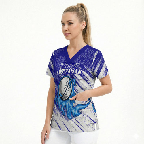 Cricket Australian Scrub Top Blue Fire Ball Graphic With Aboriginal Dot Art Style