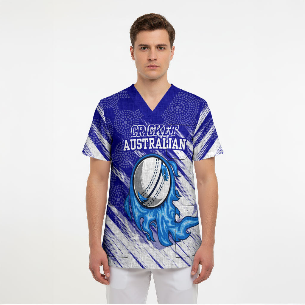 Cricket Australian Scrub Top Blue Fire Ball Graphic With Aboriginal Dot Art Style