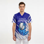 Cricket Australian Scrub Top Blue Fire Ball Graphic With Aboriginal Dot Art Style