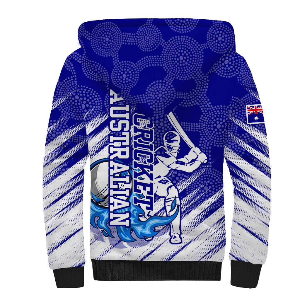 Cricket Australian Sherpa Hoodie Blue Fire Ball Graphic With Aboriginal Dot Art Style