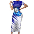 Cricket Australian Short Sleeve Bodycon Dress Blue Fire Ball Graphic With Aboriginal Dot Art Style