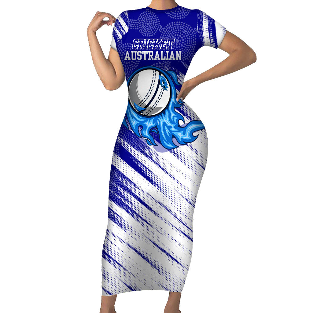Cricket Australian Short Sleeve Bodycon Dress Blue Fire Ball Graphic With Aboriginal Dot Art Style