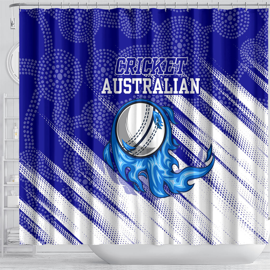 Cricket Australian Shower Curtain Blue Fire Ball Graphic With Aboriginal Dot Art Style