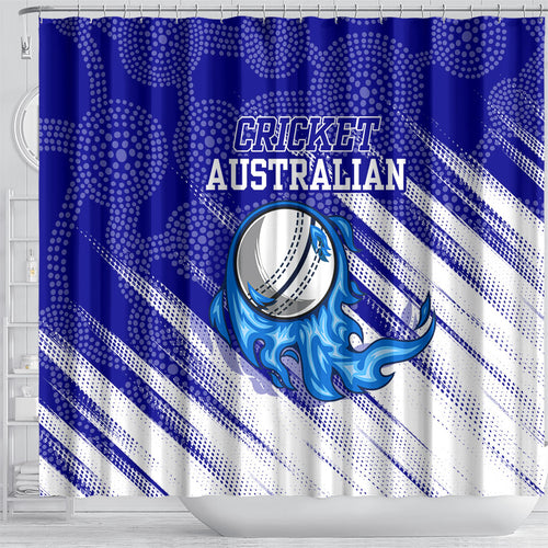 Cricket Australian Shower Curtain Blue Fire Ball Graphic With Aboriginal Dot Art Style