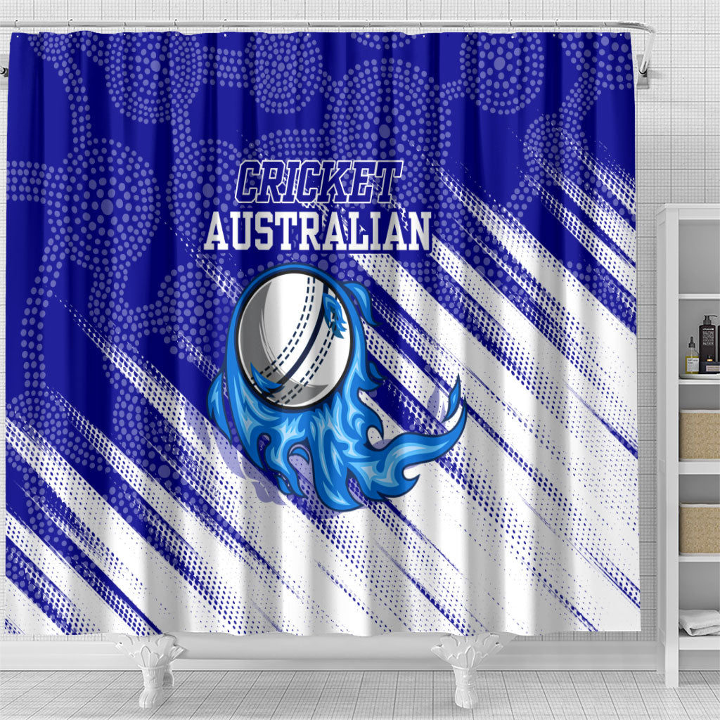 Cricket Australian Shower Curtain Blue Fire Ball Graphic With Aboriginal Dot Art Style