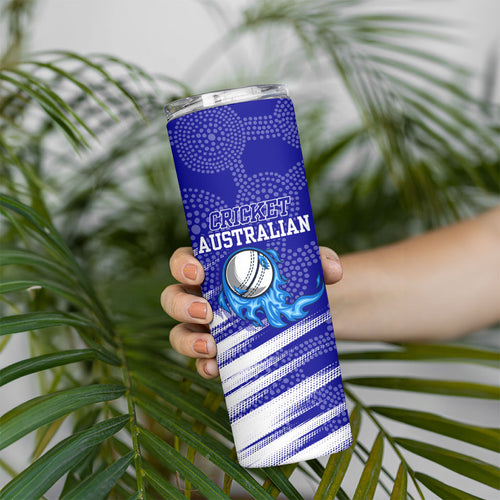 Cricket Australian Skinny Tumbler Blue Fire Ball Graphic With Aboriginal Dot Art Style