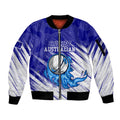 Cricket Australian Sleeve Zip Bomber Jacket Blue Fire Ball Graphic With Aboriginal Dot Art Style