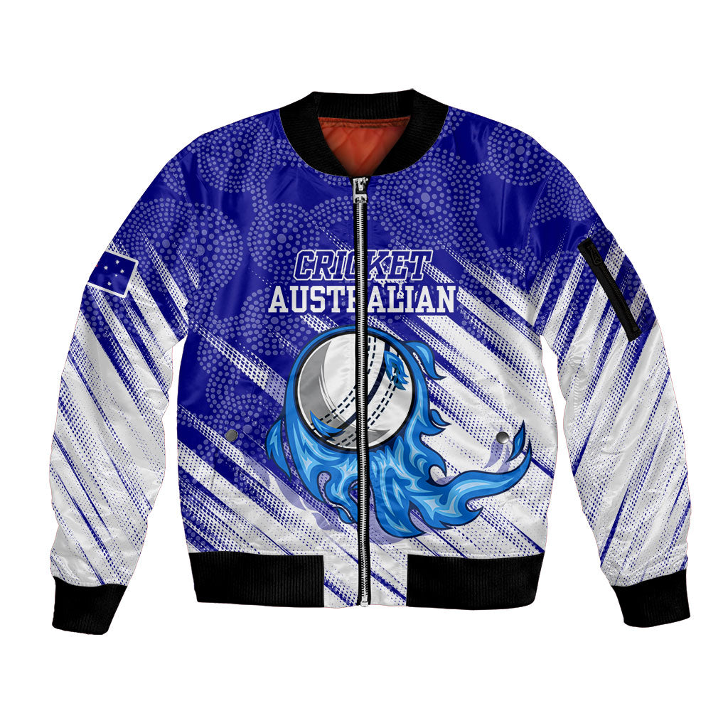Cricket Australian Sleeve Zip Bomber Jacket Blue Fire Ball Graphic With Aboriginal Dot Art Style