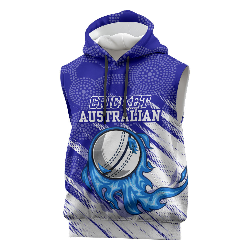 Cricket Australian Sleeveless Hoodie Blue Fire Ball Graphic With Aboriginal Dot Art Style