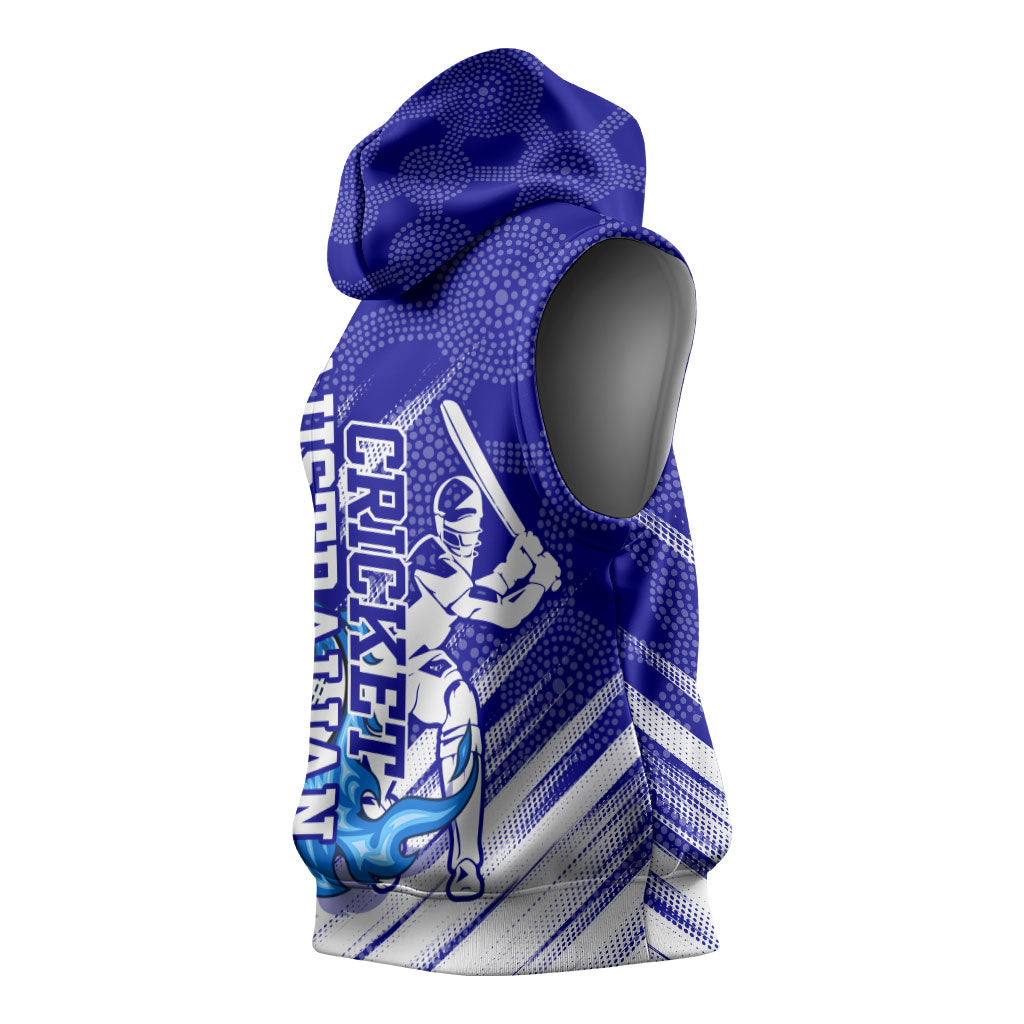 Cricket Australian Sleeveless Hoodie Blue Fire Ball Graphic With Aboriginal Dot Art Style
