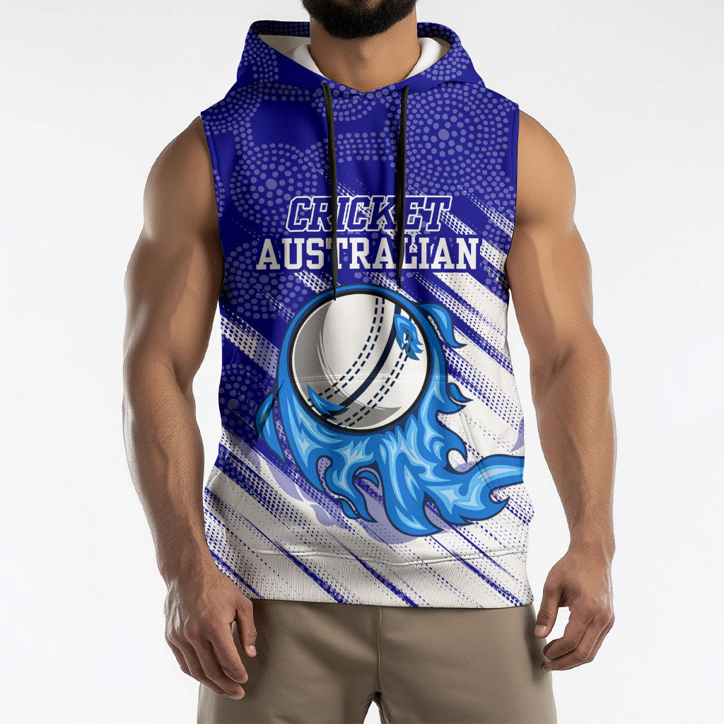 Cricket Australian Sleeveless Hoodie Blue Fire Ball Graphic With Aboriginal Dot Art Style