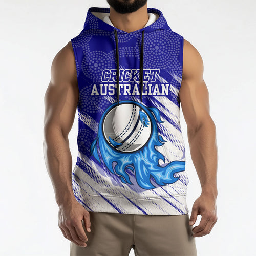 Cricket Australian Sleeveless Hoodie Blue Fire Ball Graphic With Aboriginal Dot Art Style