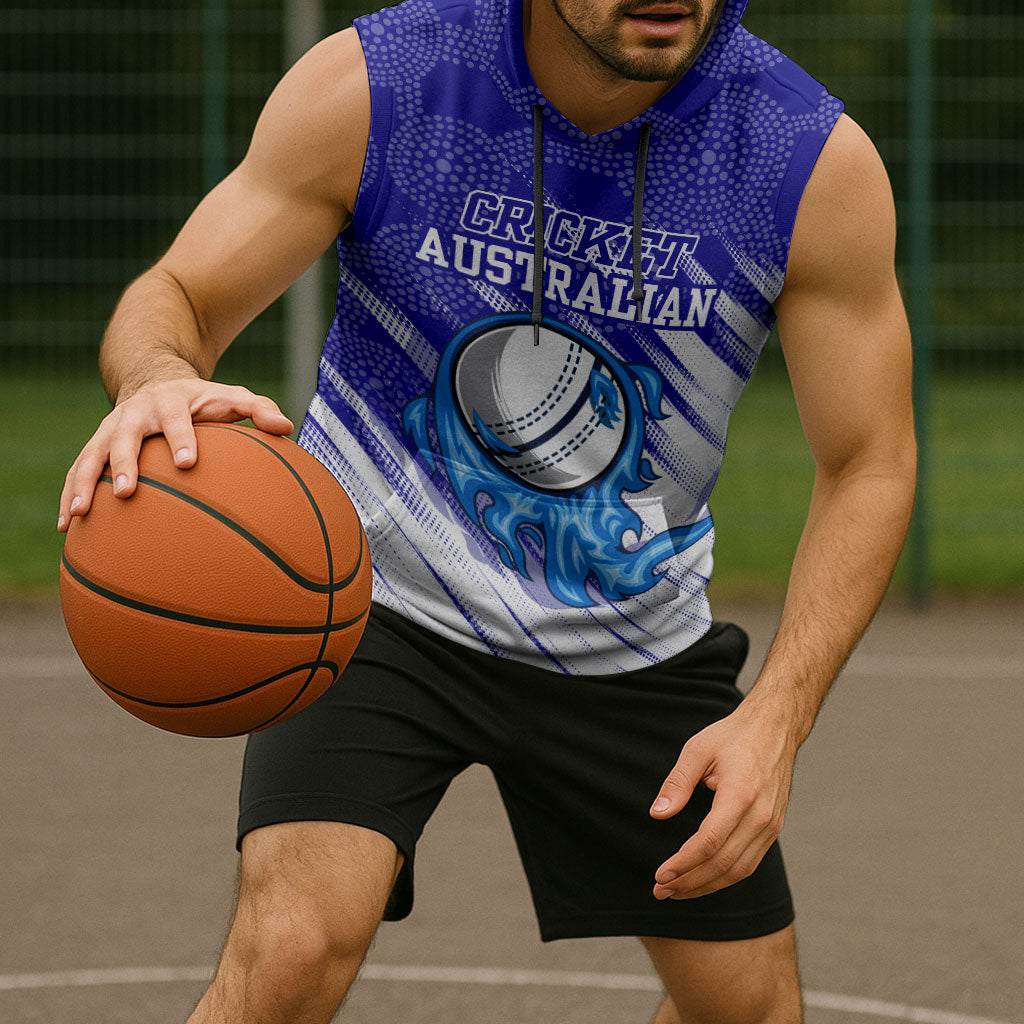 Cricket Australian Sleeveless Hoodie Blue Fire Ball Graphic With Aboriginal Dot Art Style
