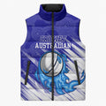 Cricket Australian Sleeveless Puffer Jacket Blue Fire Ball Graphic With Aboriginal Dot Art Style