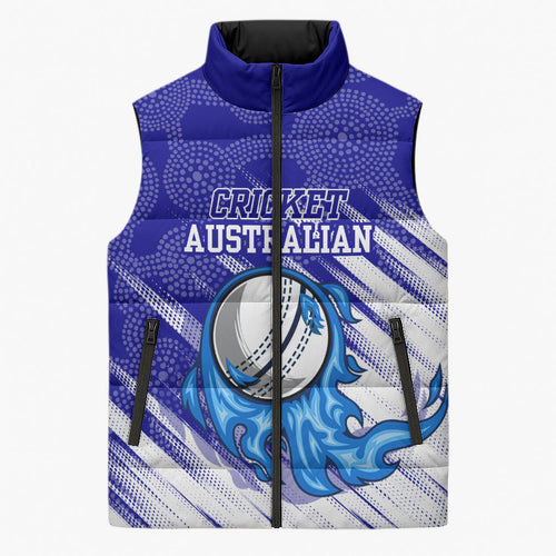 Cricket Australian Sleeveless Puffer Jacket Blue Fire Ball Graphic With Aboriginal Dot Art Style