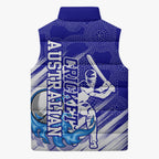 Cricket Australian Sleeveless Puffer Jacket Blue Fire Ball Graphic With Aboriginal Dot Art Style