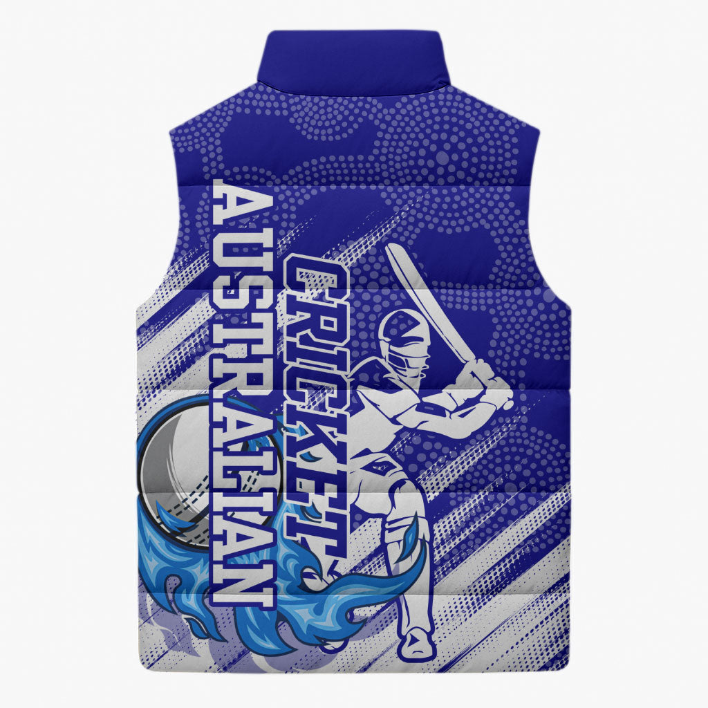 Cricket Australian Sleeveless Puffer Jacket Blue Fire Ball Graphic With Aboriginal Dot Art Style