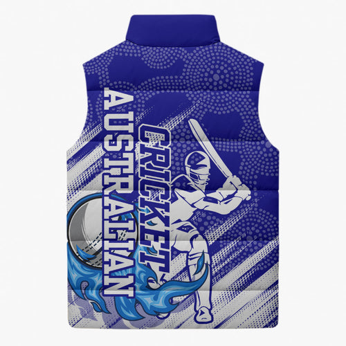 Cricket Australian Sleeveless Puffer Jacket Blue Fire Ball Graphic With Aboriginal Dot Art Style